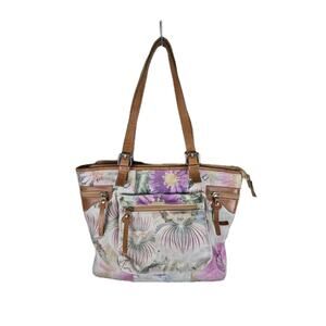 Vintage Cecconi Piero Italian Leather Trim Floral Canvas Tote Shoulder Purse Bag